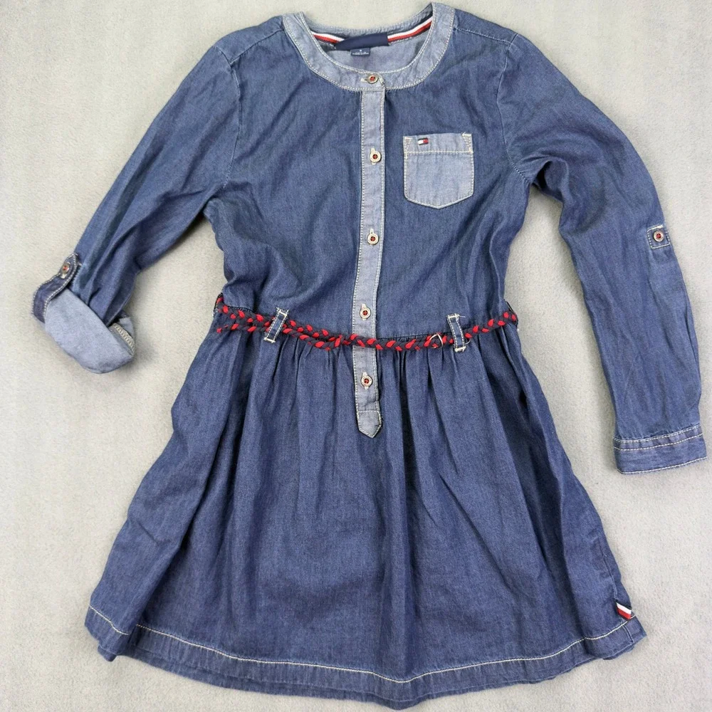 Tommy Hilfiger Denim Shirtdress Size 6 Blue Long Sleeve Braided Belt Kids Dress